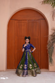 Block Printed Raw Silk Lehenga Choli Set For Girls