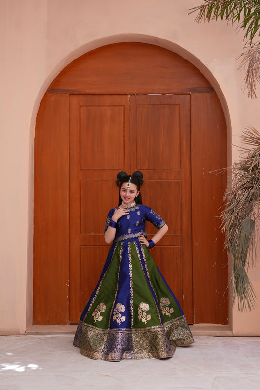 Block Printed Raw Silk Lehenga Choli Set For Girls