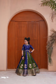 Block Printed Raw Silk Lehenga Choli Set For Girls