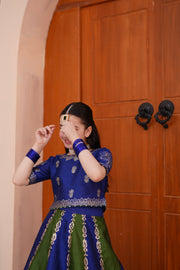 Block Printed Raw Silk Lehenga Choli Set For Girls
