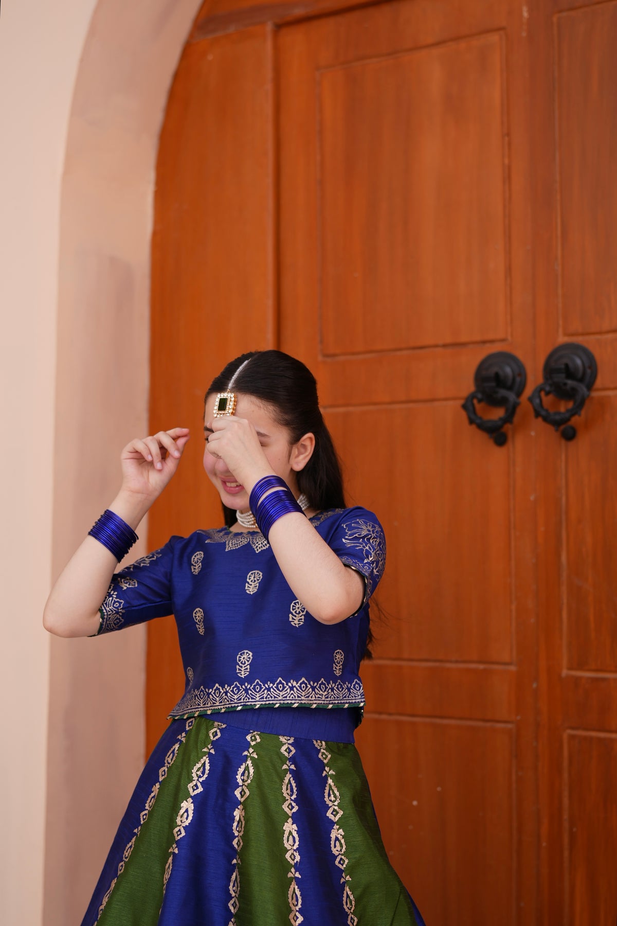 Block Printed Raw Silk Lehenga Choli Set For Girls