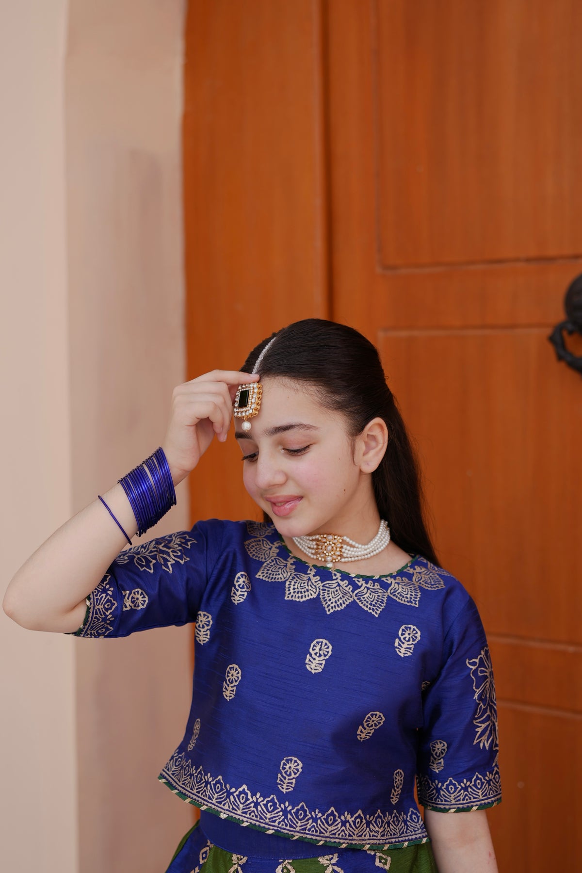 Block Printed Raw Silk Lehenga Choli Set For Girls