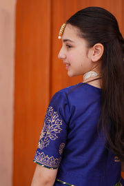 Block Printed Raw Silk Lehenga Choli Set For Girls