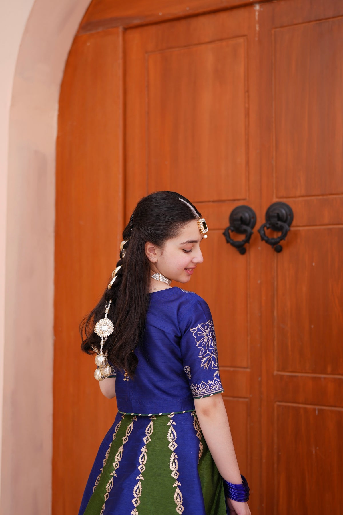 Block Printed Raw Silk Lehenga Choli Set For Girls