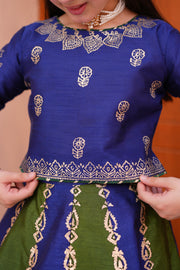 Block Printed Raw Silk Lehenga Choli Set For Girls