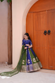 Block Printed Raw Silk Lehenga Choli Set For Girls