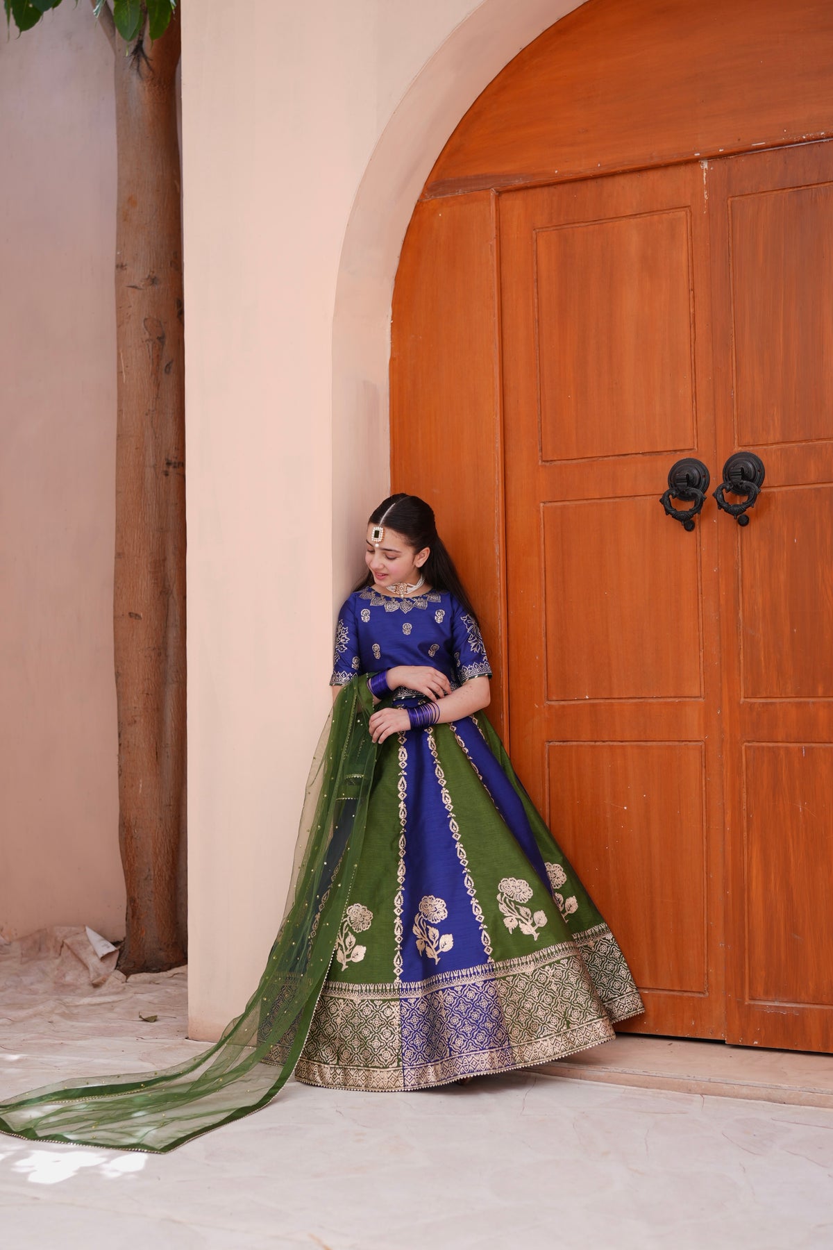 Block Printed Raw Silk Lehenga Choli Set For Girls