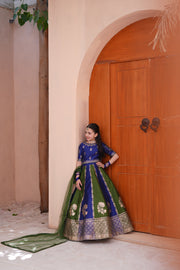 Block Printed Raw Silk Lehenga Choli Set For Girls