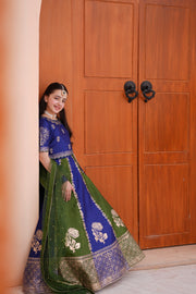 Block Printed Raw Silk Lehenga Choli Set For Girls