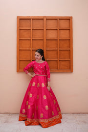Embroidered Block Printed Raw Silk Lehenga Choli with Dupatta For Girls