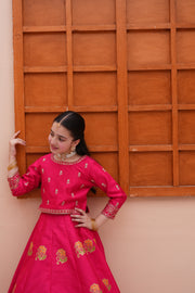 Embroidered Block Printed Raw Silk Lehenga Choli with Dupatta For Girls