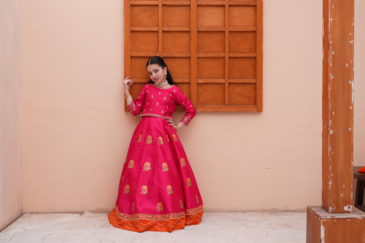 Embroidered Block Printed Raw Silk Lehenga Choli with Dupatta For Girls