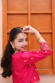 Embroidered Block Printed Raw Silk Lehenga Choli with Dupatta For Girls