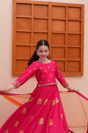 Embroidered Block Printed Raw Silk Lehenga Choli with Dupatta For Girls