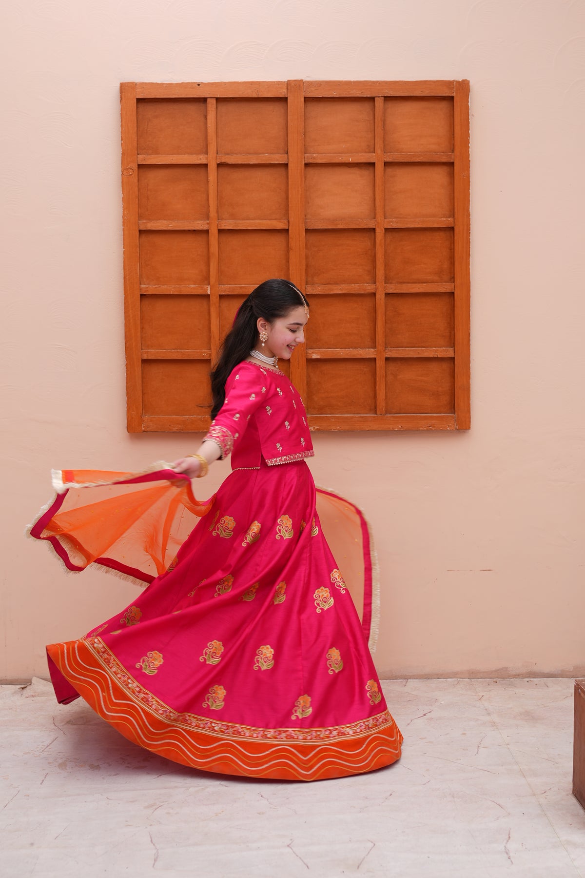 Embroidered Block Printed Raw Silk Lehenga Choli with Dupatta For Girls