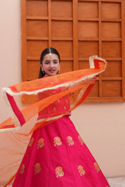 Embroidered Block Printed Raw Silk Lehenga Choli with Dupatta For Girls