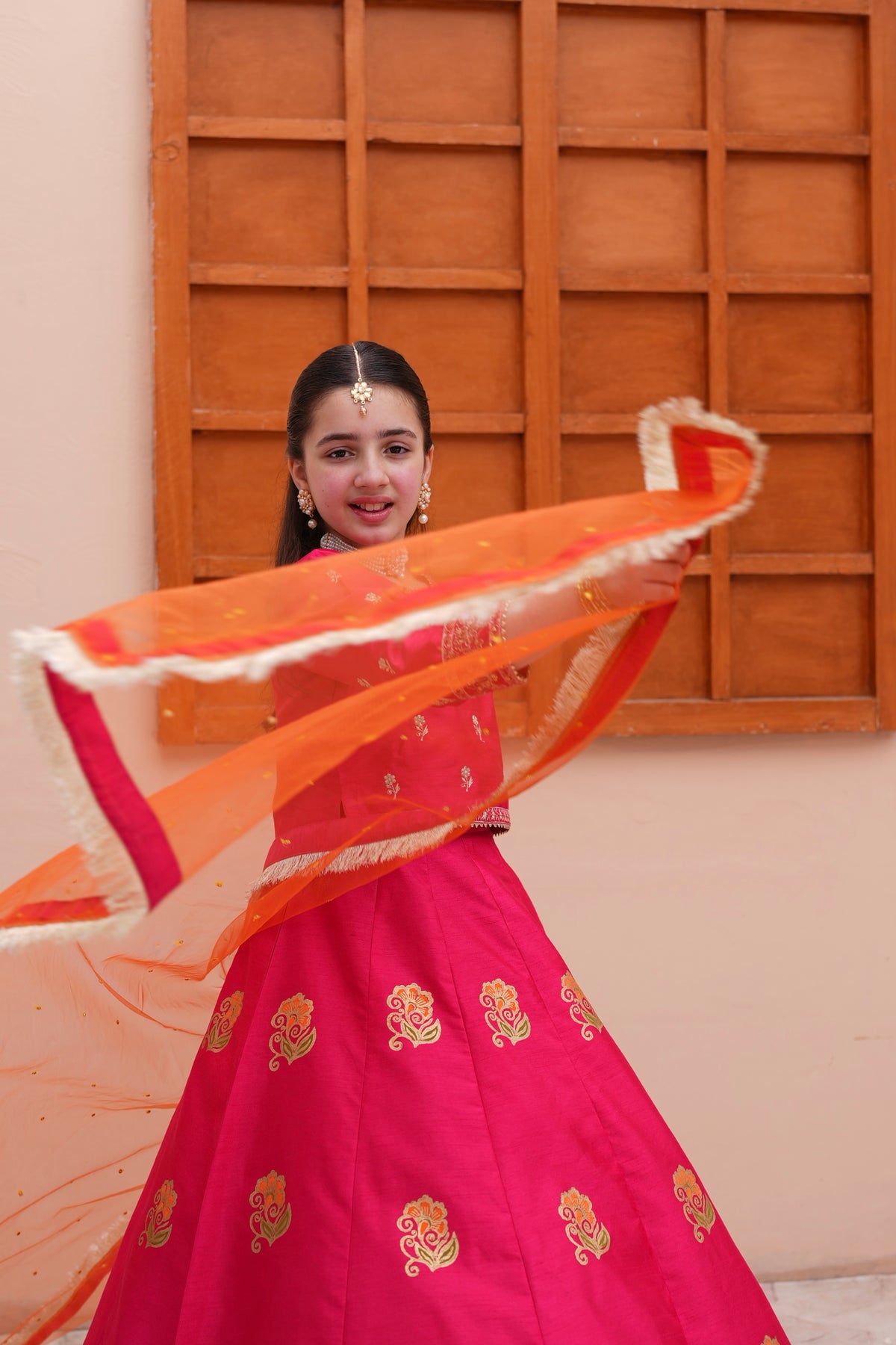 Embroidered Block Printed Raw Silk Lehenga Choli with Dupatta For Girls