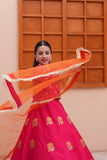 Embroidered Block Printed Raw Silk Lehenga Choli with Dupatta For Girls