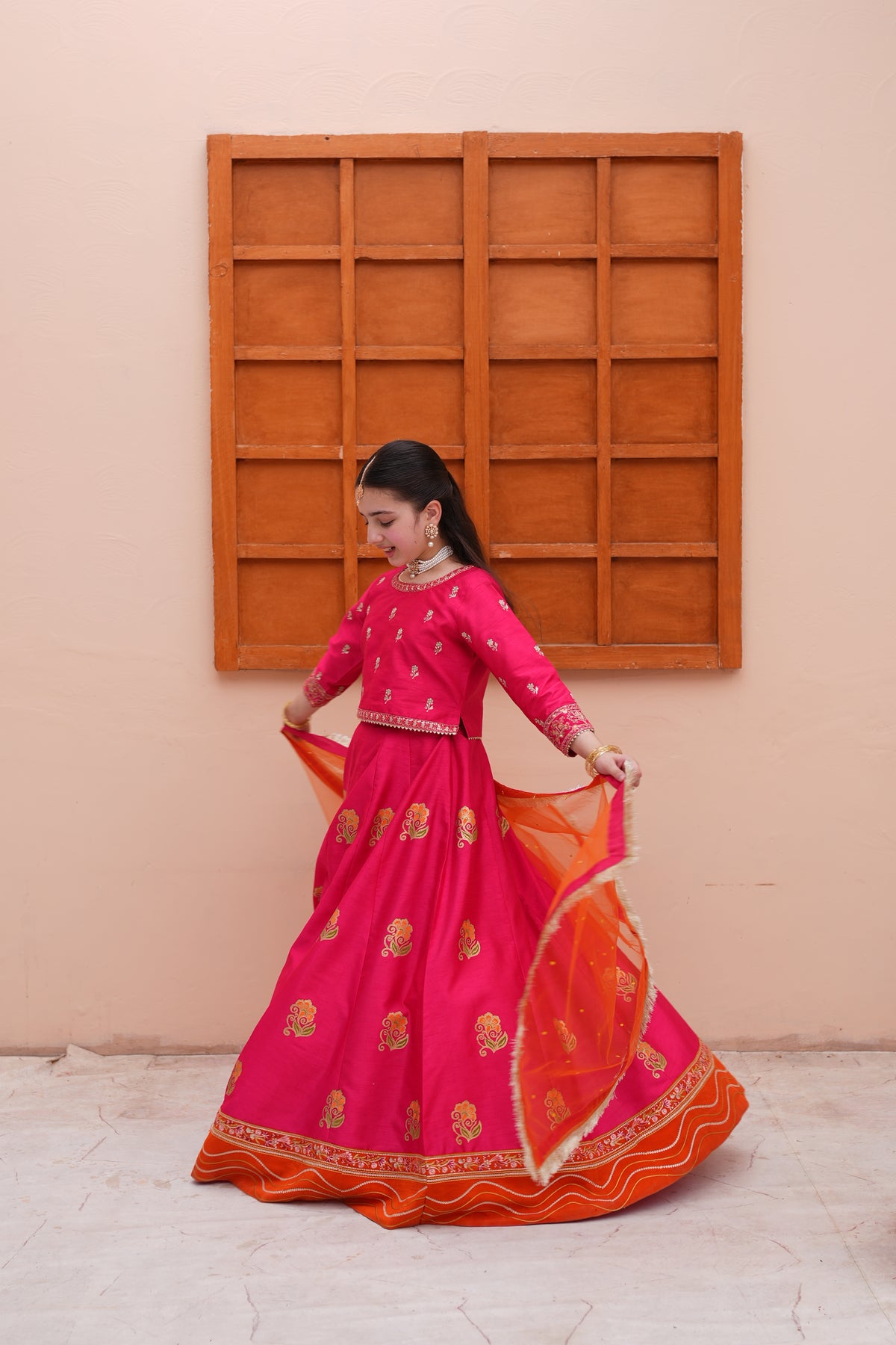 Embroidered Block Printed Raw Silk Lehenga Choli with Dupatta For Girls