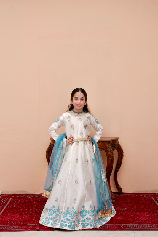 Block Printed Raw Silk Lehenga Choli with Dupatta For Girls
