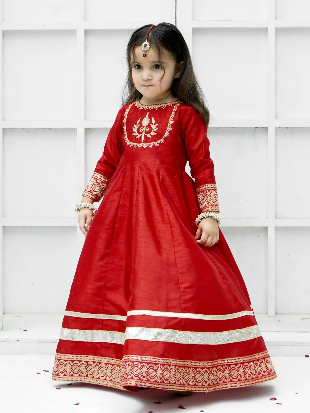 Block Printed Raw Silk Maxi with Sitara Net Dupatta For Girls