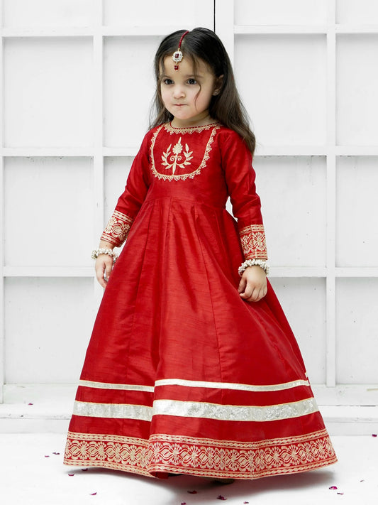 Block Printed Raw Silk Maxi with Sitara Net Dupatta For Girls