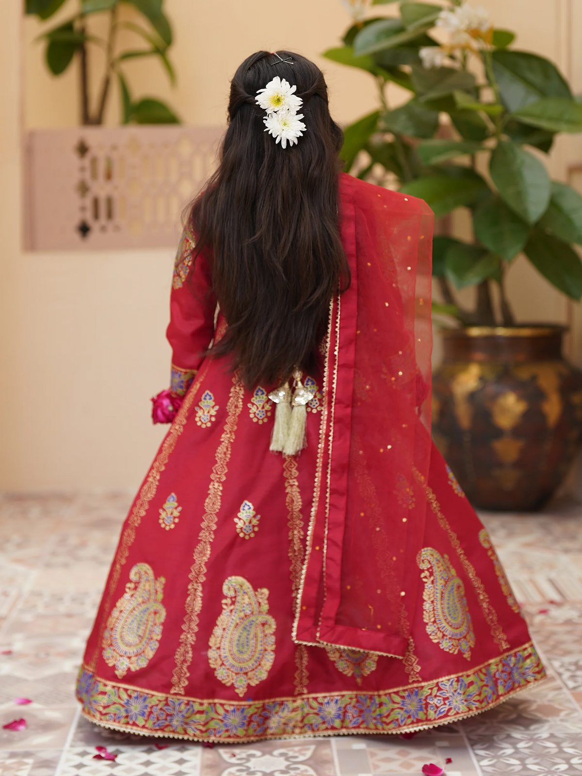 Block Printed Raw Silk Maxi with Sitara Net Dupatta For Girls