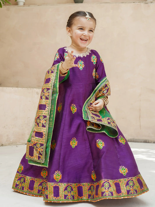 Block Printed Raw Silk Maxi with Dupatta For Girls