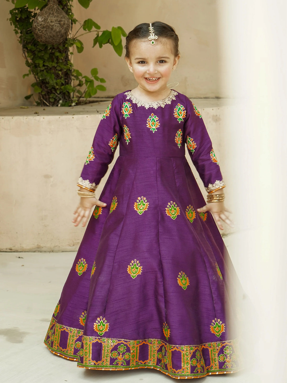 Block Printed Raw Silk Maxi with Dupatta For Girls