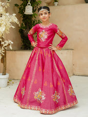 Block Printed Raw Silk Lehenga Choli with Dupatta For Girls