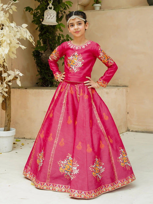 Block Printed Raw Silk Lehenga Choli with Dupatta For Girls