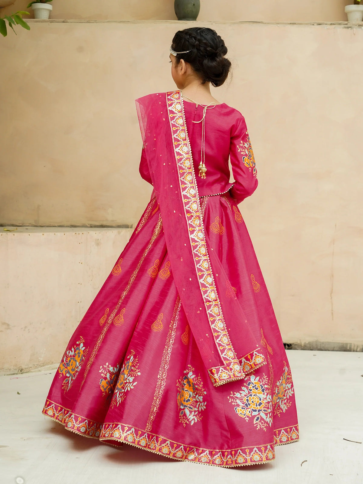 Block Printed Raw Silk Lehenga Choli with Dupatta For Girls