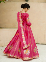 Block Printed Raw Silk Lehenga Choli with Dupatta For Girls