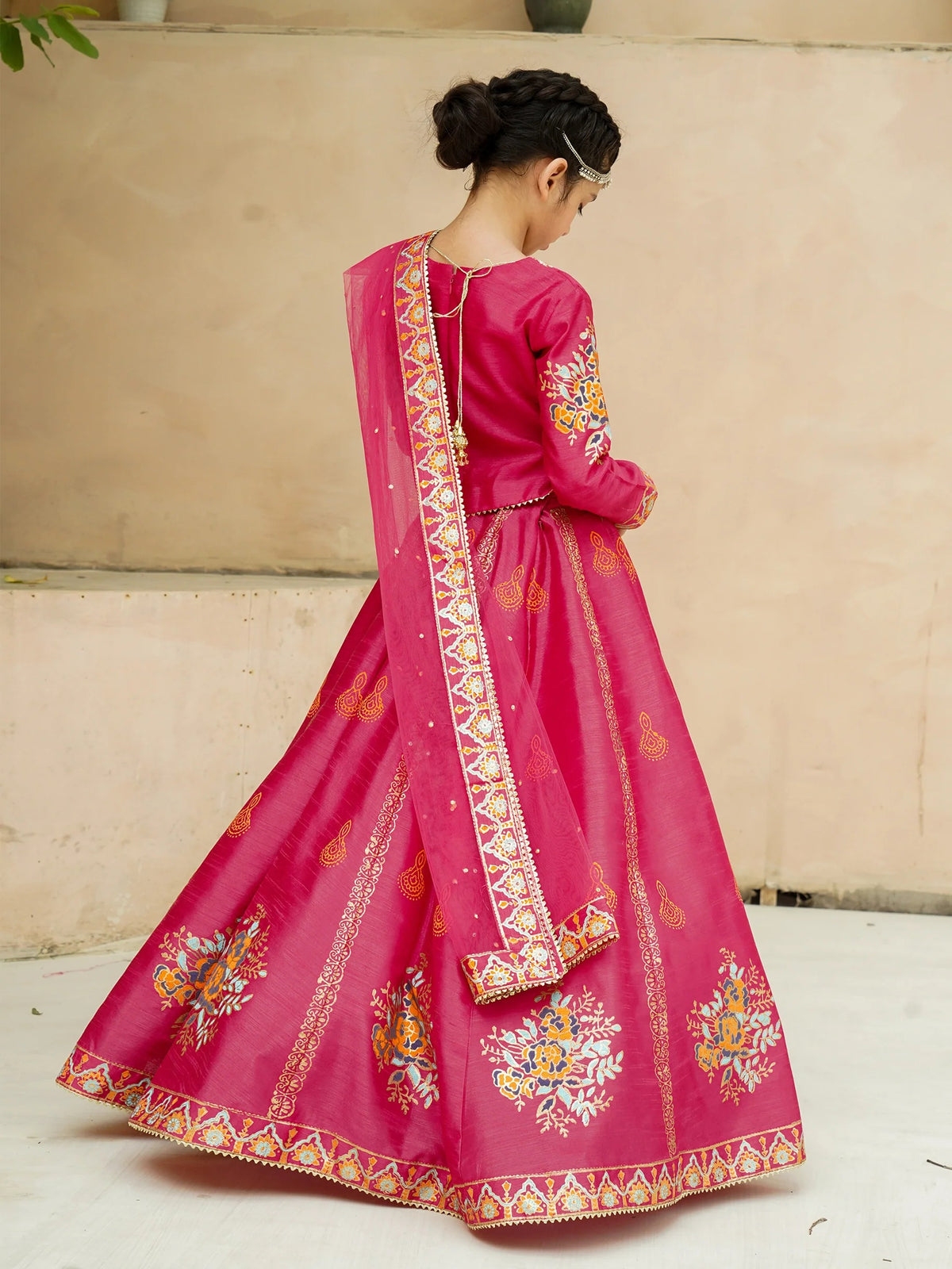 Block Printed Raw Silk Lehenga Choli with Dupatta For Girls