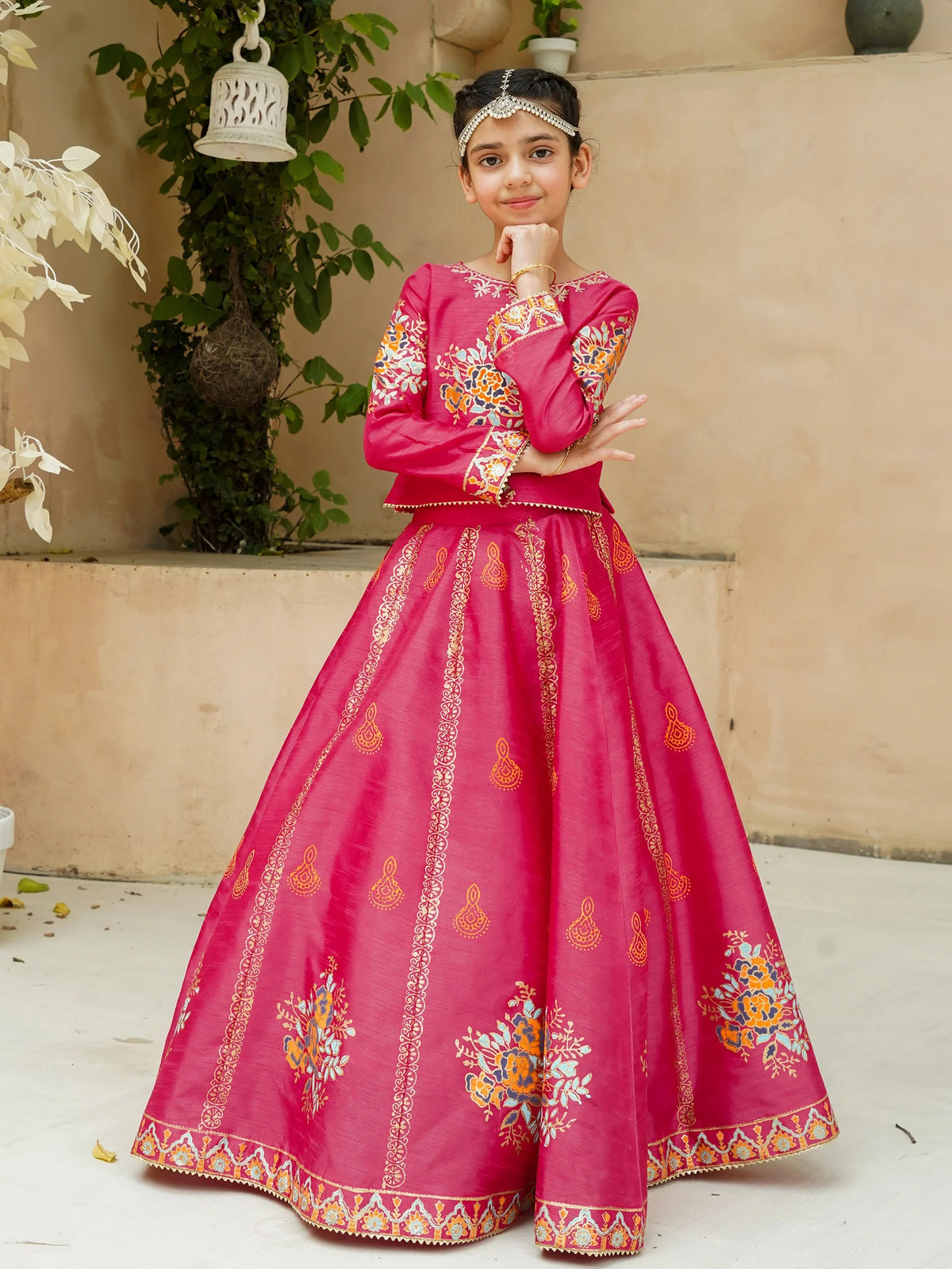 Block Printed Raw Silk Lehenga Choli with Dupatta For Girls