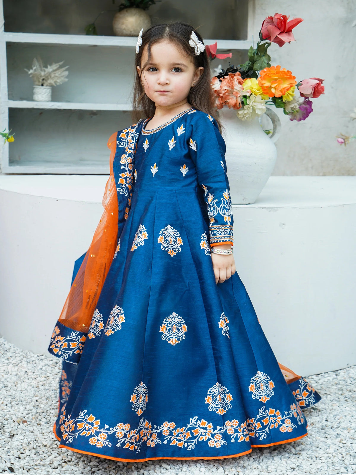 Block Printed Raw Silk Maxi with Dupatta For Girls