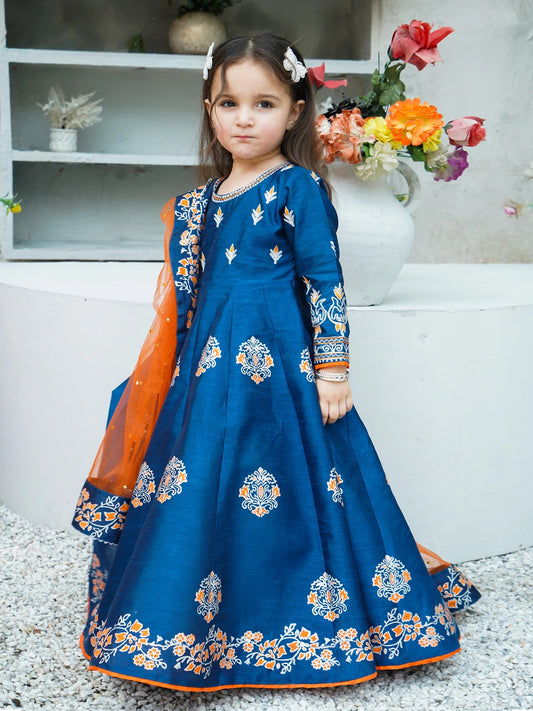 Block Printed Raw Silk Maxi with Dupatta For Girls