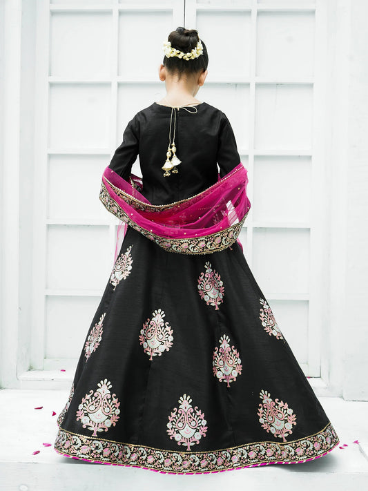 Block Printed Raw Silk Lehenga Choli with Sitara Net Dupatta For Girls