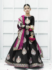 Block Printed Raw Silk Lehenga Choli with Sitara Net Dupatta For Girls