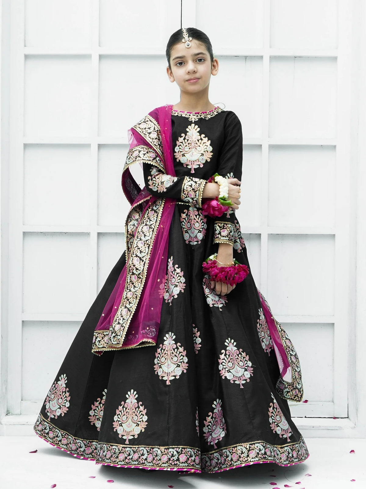 Block Printed Raw Silk Lehenga Choli with Sitara Net Dupatta For Girls
