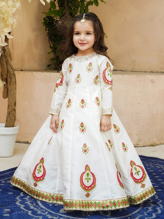 Block Printed Raw Silk Maxi with Sitara Net Dupatta For Girls