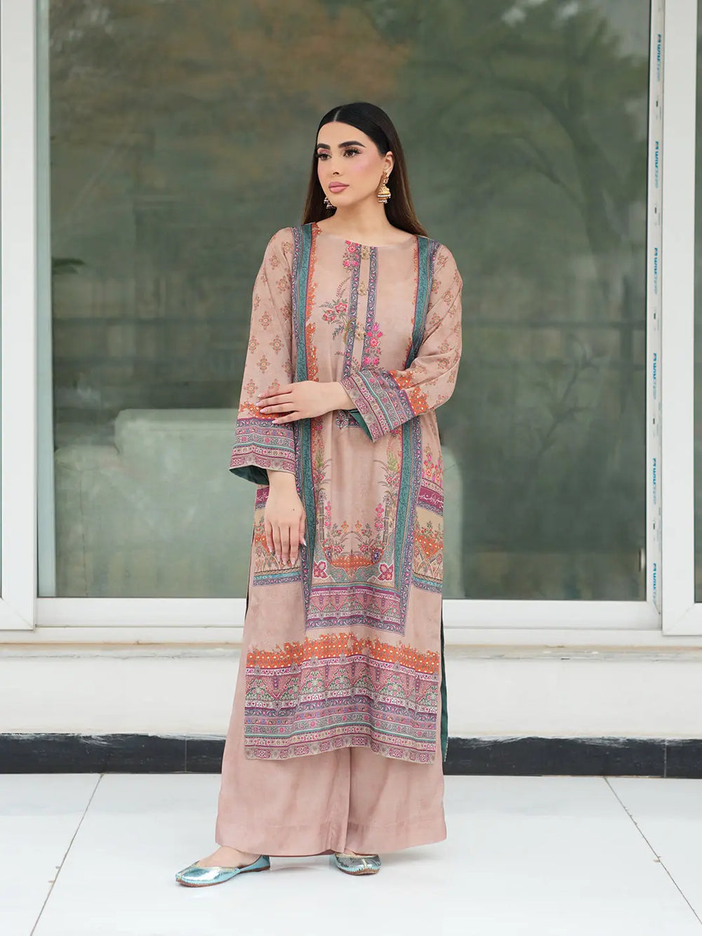 Ivory Beige Ethnic Printed 2-Piece Suit For Women