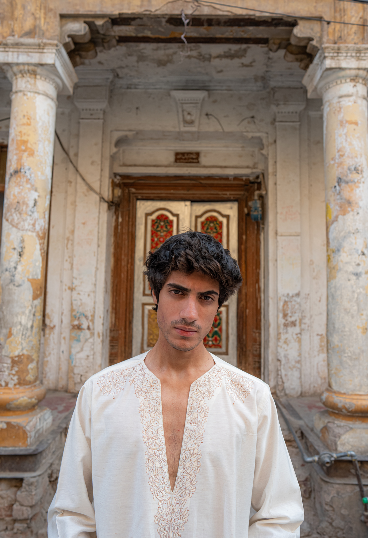 White Chickenkari Embroidered Short Kurta with Bell Bottom For Men