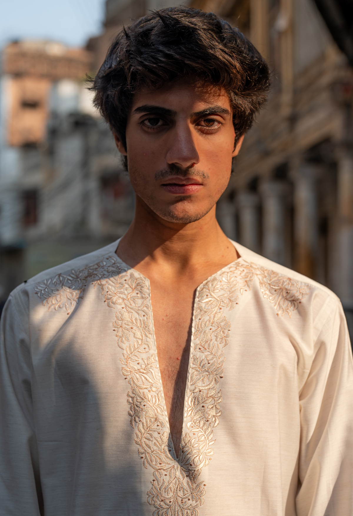 White Chickenkari Embroidered Short Kurta with Bell Bottom For Men