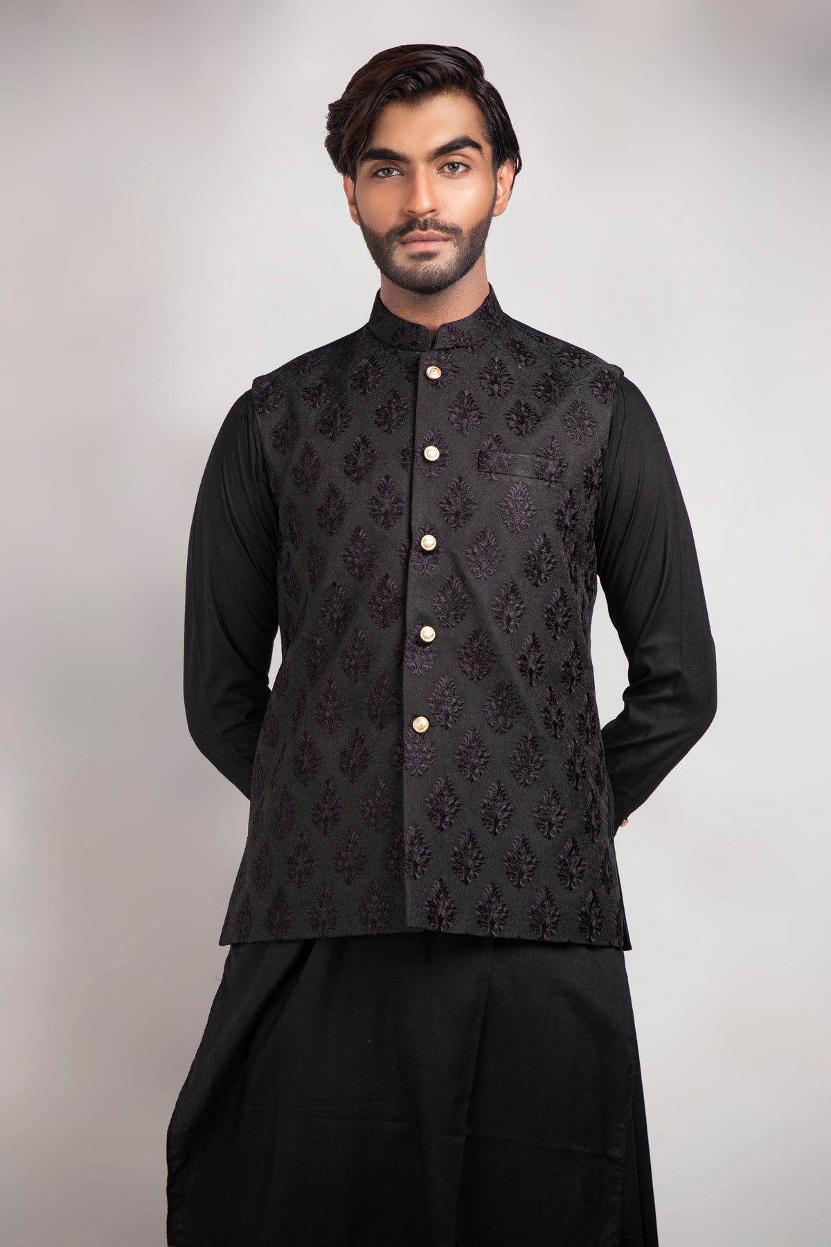 Black Self Embroidered Waist Coat For Men