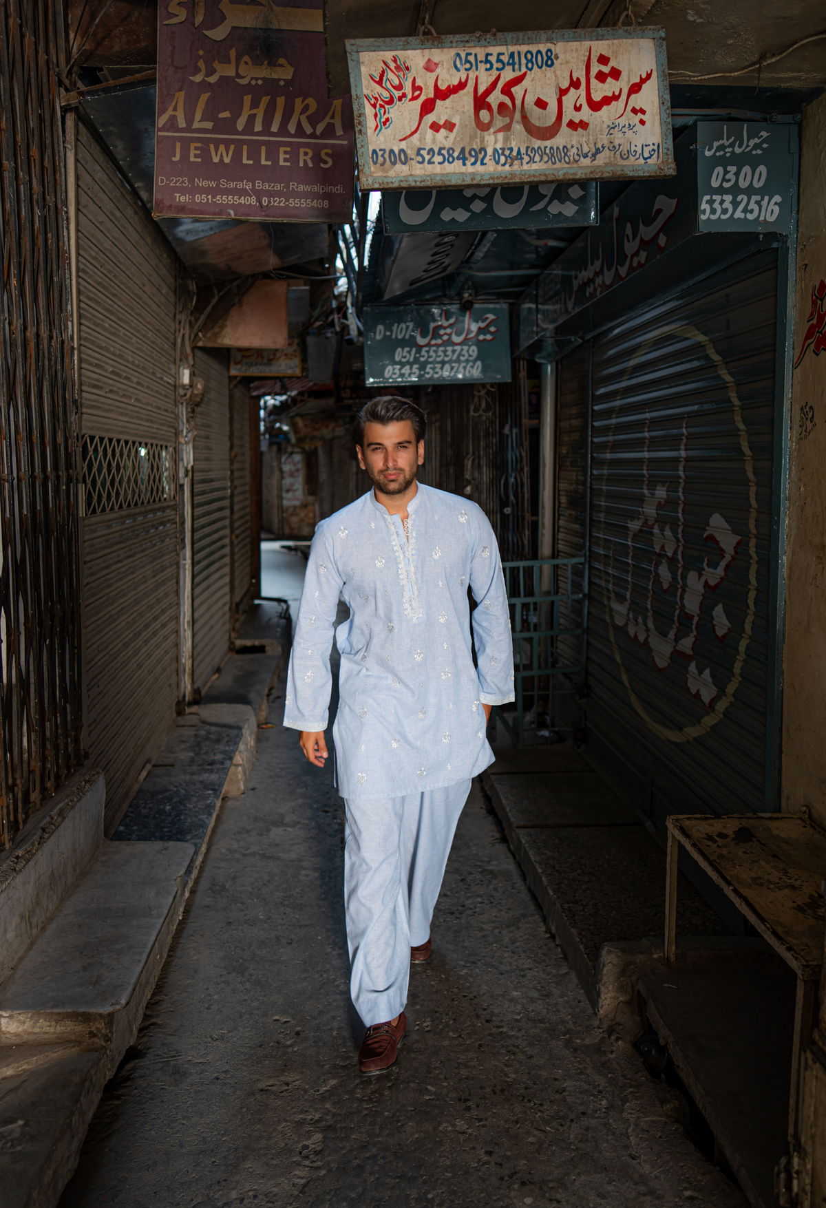 Sky Blue Short Embroidered Kurta with Farshi Shalwar For Men
