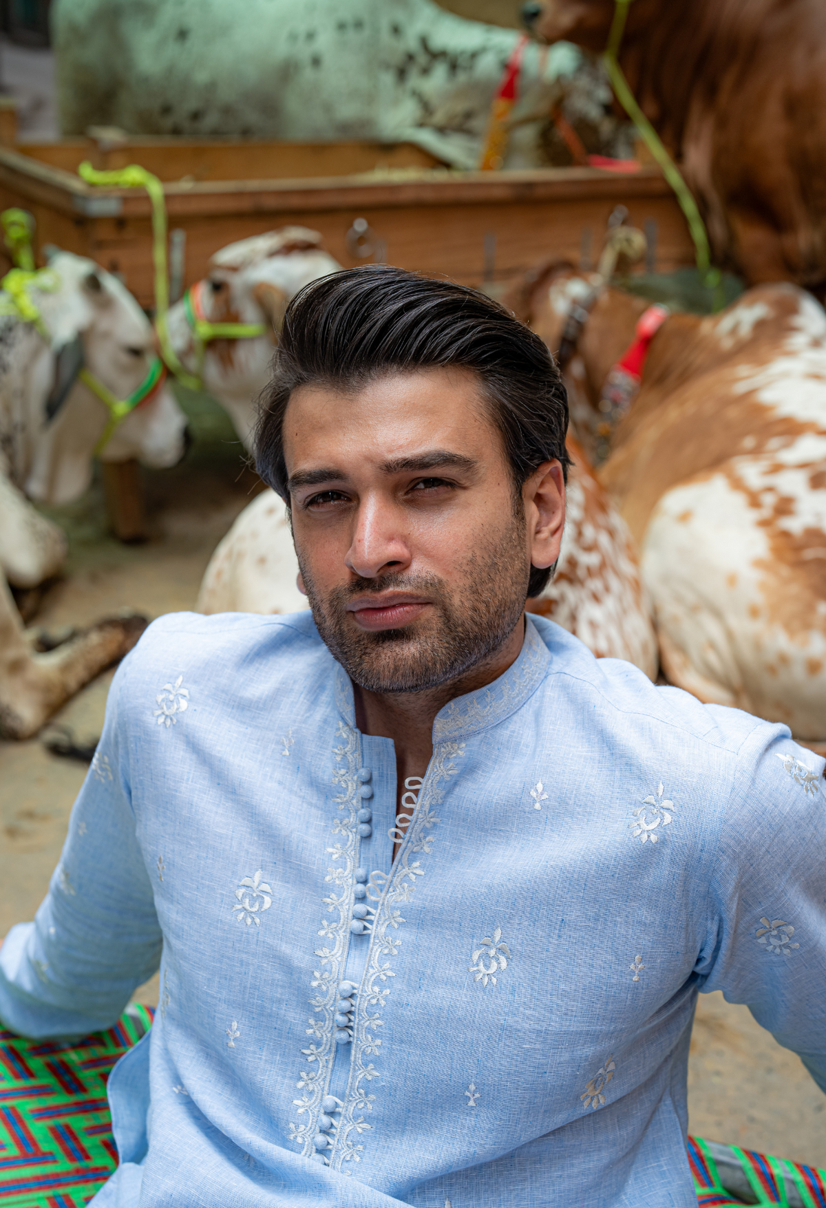 Sky Blue Short Embroidered Kurta with Farshi Shalwar For Men