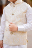 White Kurta with Golden Jamawar Waistcoat For Boys