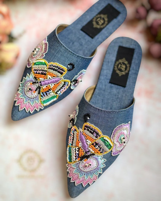 Denim Mules with Vibrant Resham Embroidery For Women