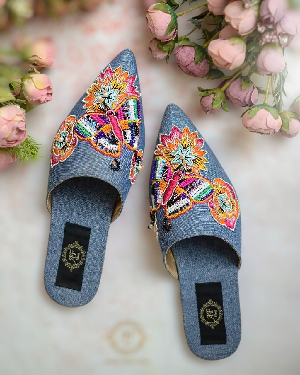 Denim Mules with Colorful Resham Embroidery For Women